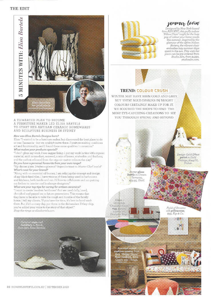 Home Beautuful magazine page with an article on Elisa Bartels